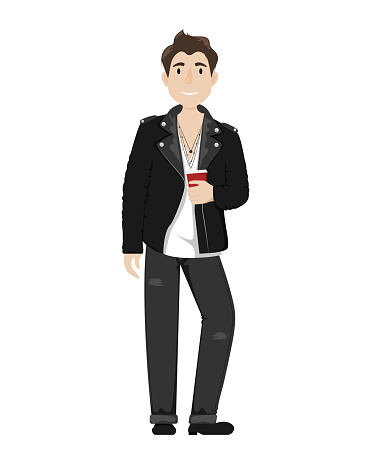 Fashionable young guy in a leather biker jacket, black jeans and a paper Cup of coffee.