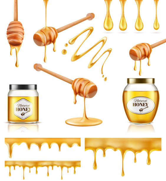 ilustrações, clipart, desenhos animados e ícones de mel, gota, teste padrão sem emenda. ajuste elementos do vetor. - syrup jar sticky isolated objects