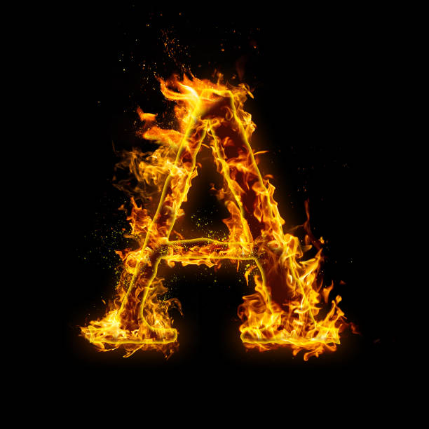 istock Letter A. Fire flames on black isolated background, realistick fire effect with sparks. Part of alphabet set 1165062728