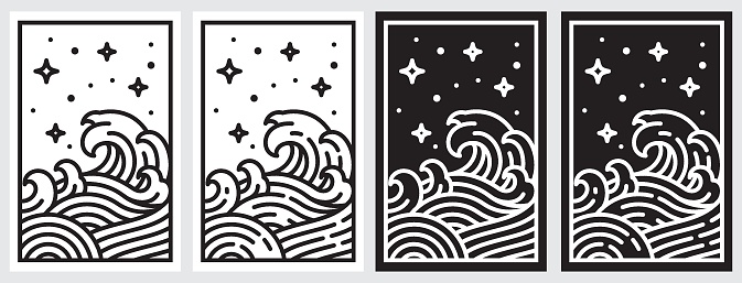 Oriental wave line illustration. Great japan wave doodle vector. Linear art. Isolated on whited and black background.