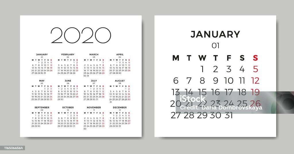 2020 Week Ranges Calendar 2020 Week Starts On Monday Vector Design Template Stock ...