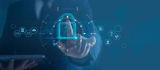 cyber security netwerk. hangslotpictogram en internet technologie netwerken. zakenman beschermt data persoonlijke informatie op tablet en virtuele interface. privacy-concept voor gegevensbescherming. avg. eu. - data protection stockfoto's en -beelden