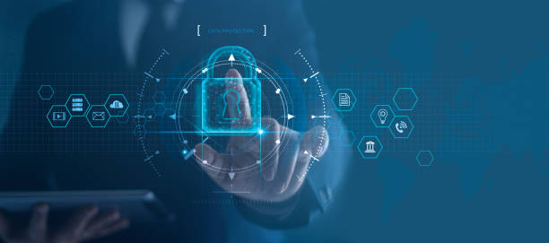 cyber security network. padlock icon and internet technology networking. businessman protecting data personal information on tablet and virtual interface. data protection privacy concept. gdpr. eu. - cyber security imagens e fotografias de stock