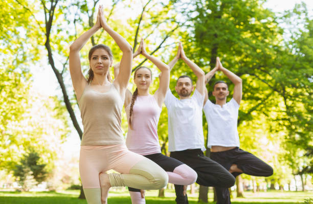 istock Group of yoga enthusiasts practicing Tree pose outdoors 1165069955