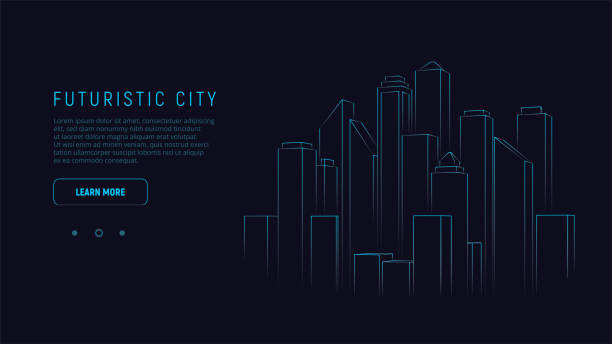 ilustrações de stock, clip art, desenhos animados e ícones de futuristic city. blue neon silhouette city. digital cityscape background. business technology concept. vector illustration. - architectural background illustrations