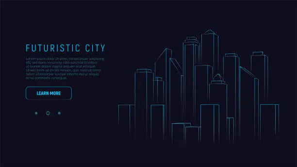 Vector illustration of Futuristic city. Blue neon silhouette city. Digital cityscape background. Business technology concept. Vector illustration.