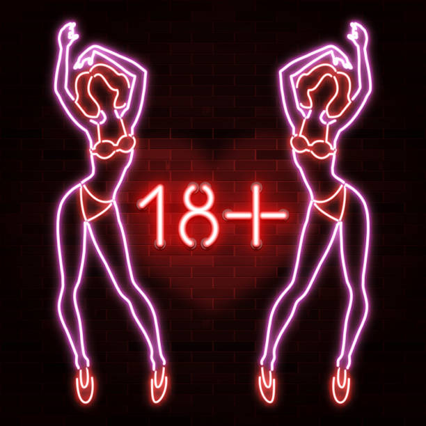 18+ banner with neon silhouette of   girl figure, woman silhouette, nightclub, striptease, sex shop advertisement, vector illustration 18+ banner with neon silhouette of   girl figure, woman silhouette, nightclub, striptease, sex shop advertisement, vector illustration vintage of burlesque dancers stock illustrations