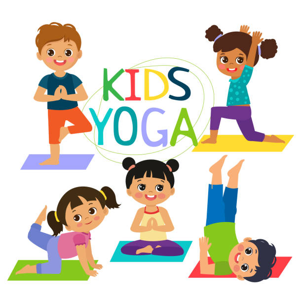 happy cartoon dzieci praktykujące jogę. joga pozy, medytacje, sekwencje. - characters concentration relaxation happiness stock illustrations