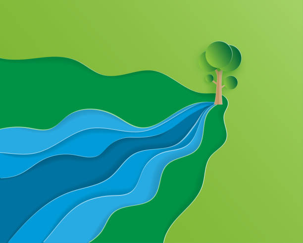 illustrations, cliparts, dessins animés et icônes de l'écologie créative d'illustration et le concept de conservation d'environnement dans le modèle de coupe de papier. l'eau s'écoule de l'arbre. représente la forêt est l'origine de la rivière. économisez de l'eau sauf l'affiche du monde. - planet map ideas growth