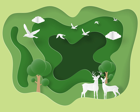 Ecology and environmental background concept. Love couple deer in forest in paper cut style. Vector illustration. Wallpaper, backdrop, poster, banner, cover, template.