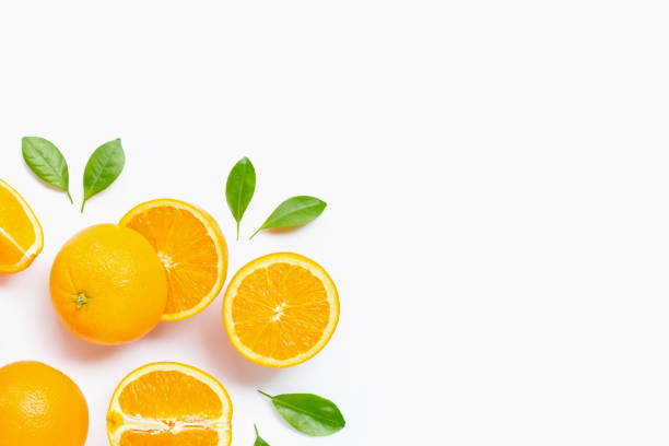 istock Fresh orange citrus fruit with leaves isolated on white background. 1165074791
