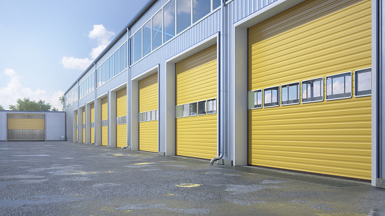 Hangar exterior with rolling gates. 3d illustration