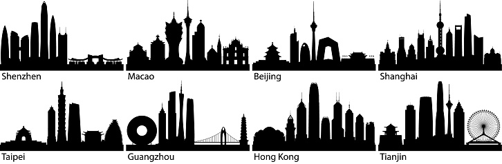 Chinese cities; Shenzhen, Macao, Beijing, Shanghai, Taipei, Guangzhou, Hong Kong, and Tianjin. All buildings are separate, complete and moveable.