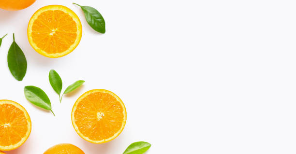 istock Fresh orange citrus fruit with leaves isolated on white background. 1165075036