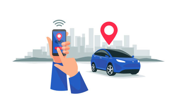 ilustraciones, imágenes clip art, dibujos animados e iconos de stock de conexión de aparcamiento compartido servicio controlado a distancia a través de la aplicación de teléfono inteligente - park and ride