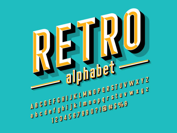 chisel font Chisel style alphabet design with uppercase, lowercase, number and symbols vintage foto stock illustrations