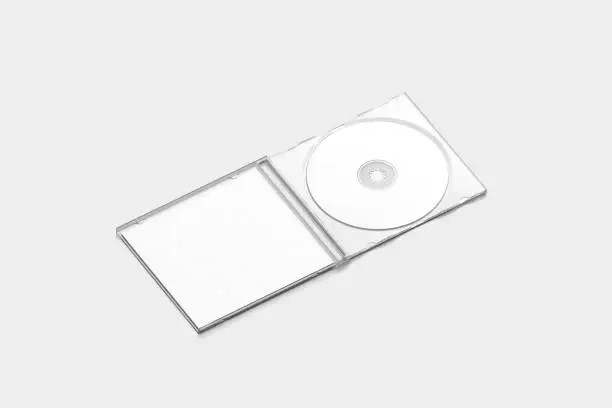 Blank white cd case mockup opened, side view, isolated, 3d rendering. Empty disc box with cover mock up. Clear software on disk blu-ray format template.