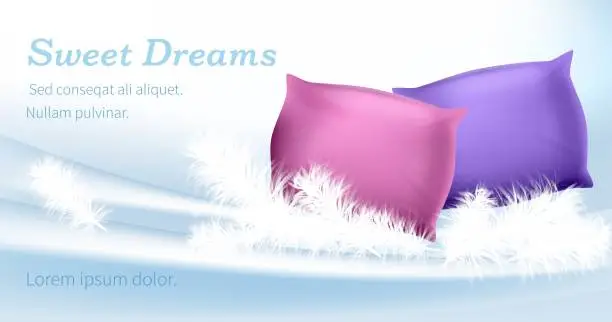 Vector illustration of Pink and Purple Pillows Stand on White Feathers