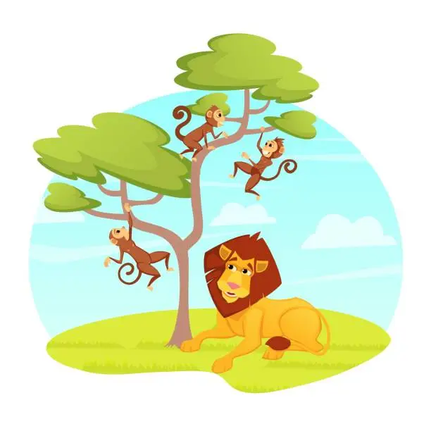 Vector illustration of Lion King Relaxing under Tree with Jumping Monkeys