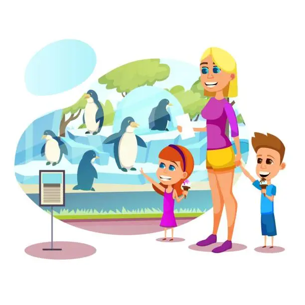 Vector illustration of Happy Family of Mother and Kids Visiting Zoo.