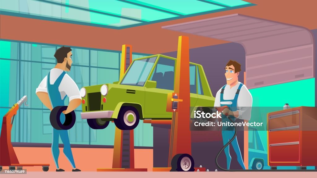 Car Service Workers At Workshop Cartoon Vector Stock Illustration -  Download Image Now - Auto Mechanic, Auto Repair Shop, Car - iStock