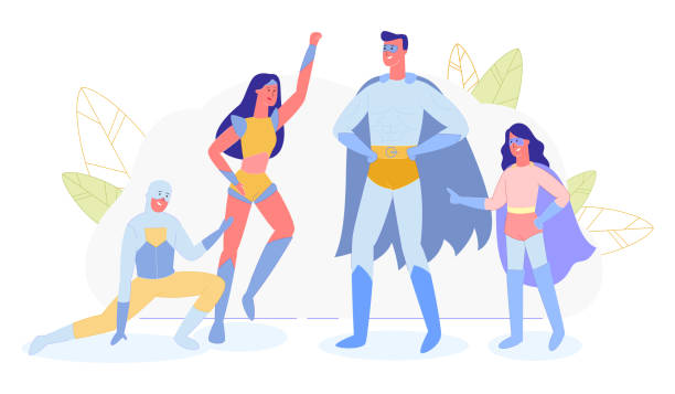 семья, родители и дети в костюмах супергероев - топливо и поколение власти stock illustrations