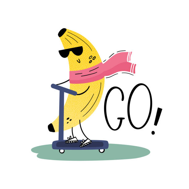 A banana with sunglasses on a scooter. Traveler. Cheerful fruit on vacation. Vector illustration in flat style, hand drawn A banana with sunglasses on a scooter. Traveler. Cheerful fruit on vacation. Vector illustration in flat style, hand drawn banana seat stock illustrations