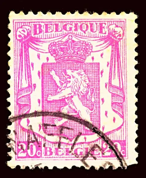 Photo of Postage  stamp printed in the Belgium shows Coat of Arms of Belgium, circa 1938