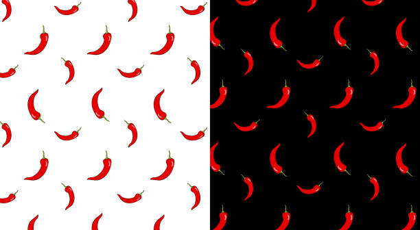 Set of seamless patterns of small red chili peppers with green tails on a black and white background. Vector illustration. Set of seamless patterns of small red chili peppers with green tails on a black and white background. Vector illustration. chili pepper pattern stock illustrations