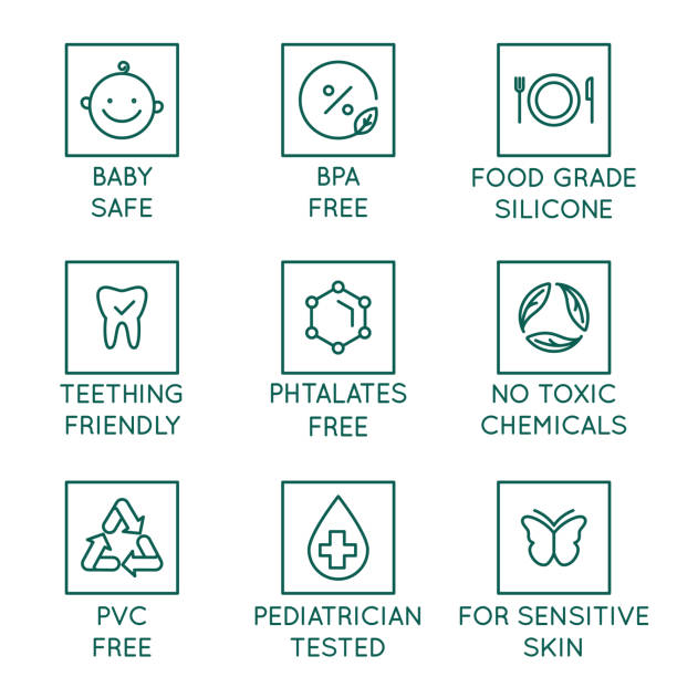 wektorowy zestaw elementów projektowych, szablony logo, ikony i odznaki dla kosmetyków naturalnych i organicznych w modnym stylu liniowym - bezpieczne dla produktów dla niemowląt - silicone stock illustrations