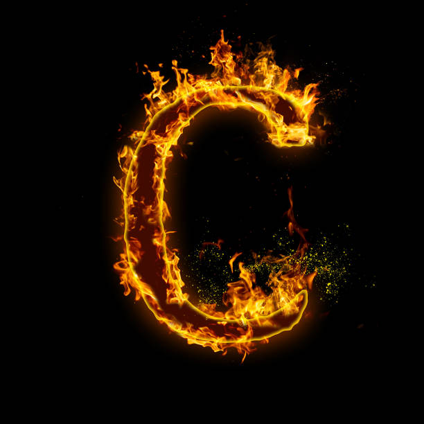 istock Letter C. Fire flames on black isolated background, realistick fire effect with sparks. Part of alphabet set 1165093950