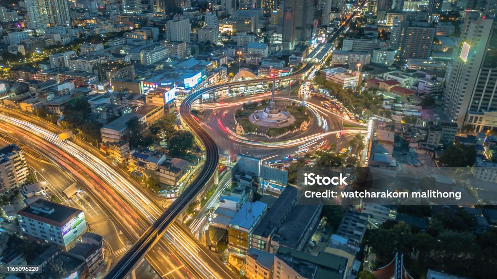 Aerial view at Victory Monument in Bangkok, Thailand Bangkok, Thailand, Aerial View, Traffic Circle, Built Structure Victory Monument - Bangkok Stock Photo