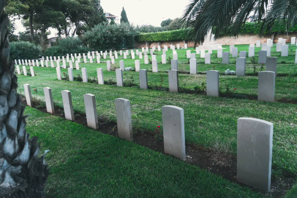 istock Necropolis laid out between palms and green lawn. White gravestones without names and inscriptions on city cemetery. Well-kept memorial in honor of dead people. Cemetery in Israel. 1165097004