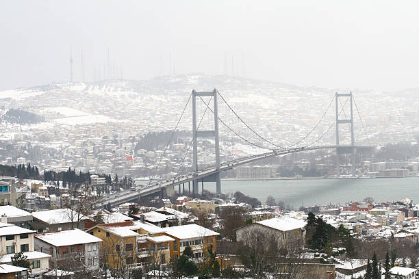 Bosphorus Bridge and Snow Bosphorus Bridge and Snow in İstanbul,Turkey. maidens tower turkey photos stock pictures, royalty-free photos & images