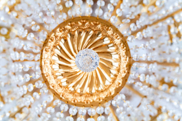 Classic luxury interior fragment, crystal glass design elements of round vintage chandelier