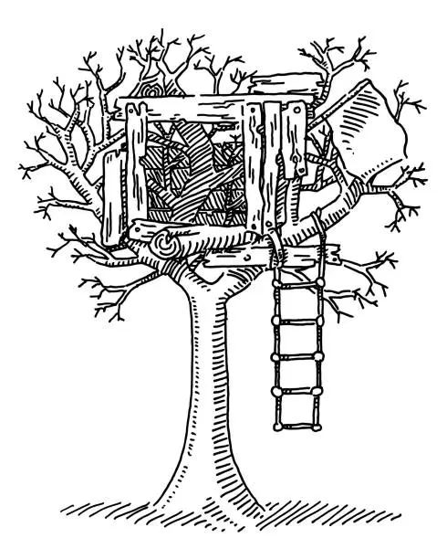 Vector illustration of Childhood Tree House Drawing