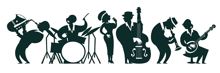 Jazz band silhouettes vector colorful illustration. Cartoon jazz musicians outline set: contrabassist, saxophone, drum, clarinet, banjo player and singer. Isolated on white background