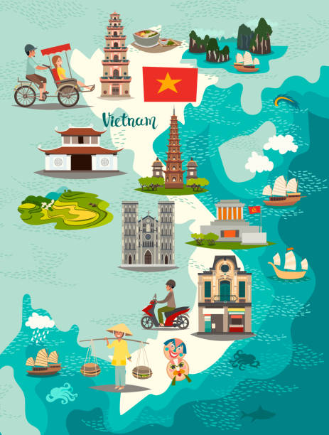 Vietnam map vector Vietnam map vector. Illustrated map of Vietnam for children/kid. Cartoon abstract atlas of Vietnam with landmark and traditional cultural symbols. Travel attraction icon vietnam stock illustrations