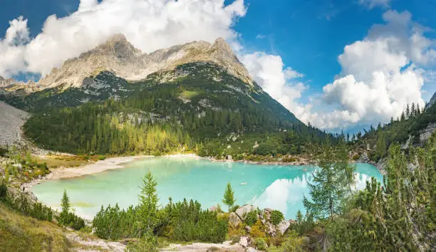 Amazing panorama of Sorapis lake Lago di Sorapis Dolomites, Italy