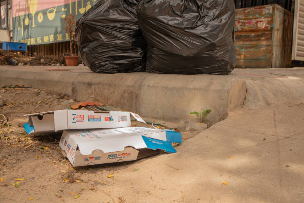 domino's pizza box tirado por el lado de la carretera - dominos pizza india asia food fotografías e imágenes de stock