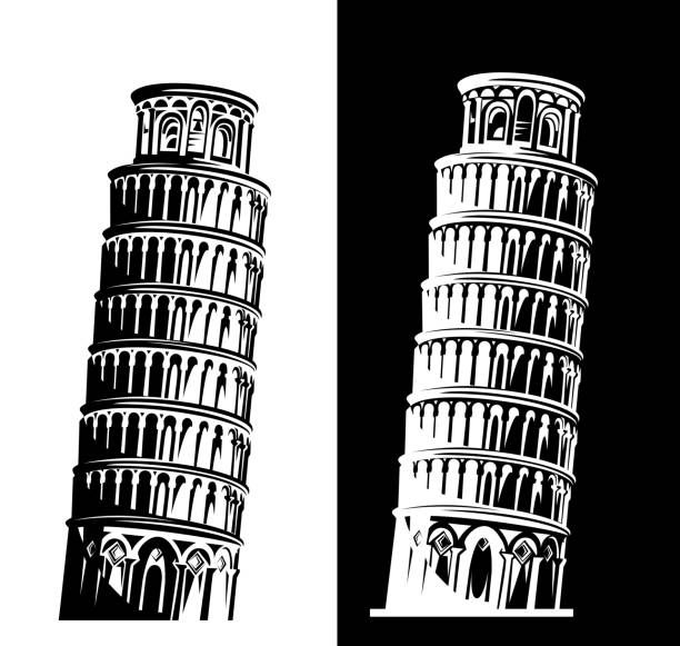 ilustraciones, imágenes clip art, dibujos animados e iconos de stock de torre inclinada de pisa conjunto de diseño vectorial en blanco y negro - torre de pisa