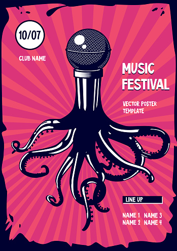 Music poster with octopus and microphone. Rap and rock party illustration. Vector template.