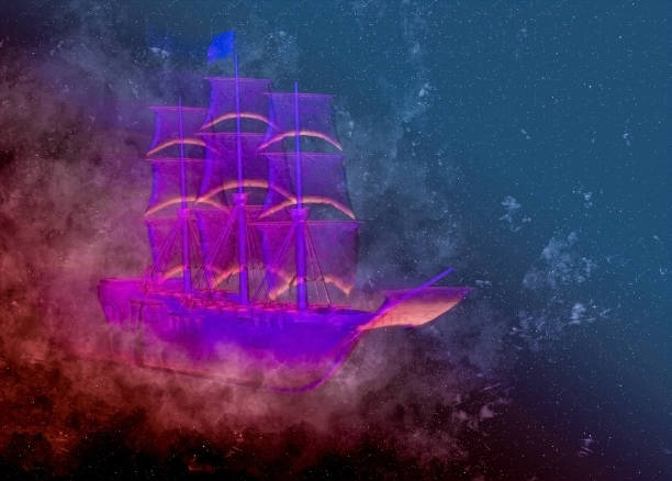 istock Flying ghost purple galleon in space 1165105554