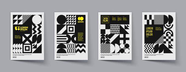 minimalne geometryczne plakaty z monochromatycznymi wzorami. - czarno biały stock illustrations