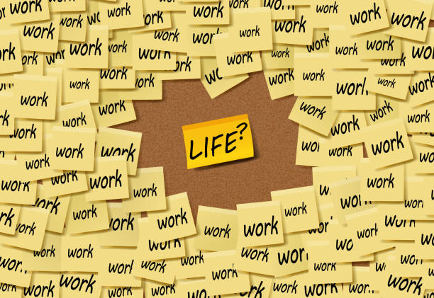 Work and Life Balance Yellow Sticky notes with "work" and "life" words vector background. (Used clipping mask) life balance stock illustrations