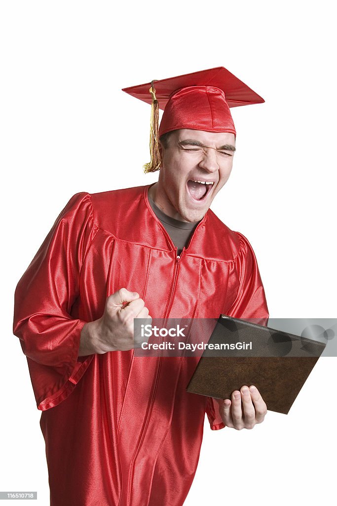 Happy Graduate Enthusiastic young male graduate. 16-17 Years Stock Photo