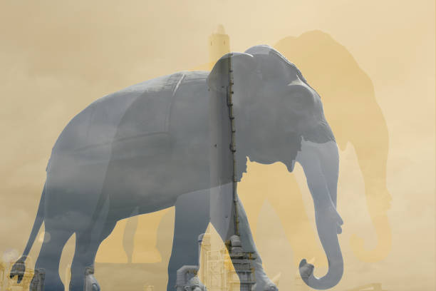 istock Double exposure Copper elephant statues standing  .Elephant stucco.  Black Elephant stucco on white background. 1165108610
