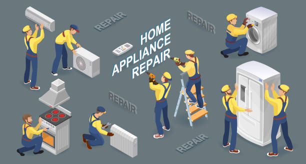 Isometric workers with faulty home appliances. Vector illustration. Home appliance repair. Isometric workers with faulty home appliances. Worker repairing broken washing machine, refrigerator, stove, heater, and conditioner. Vector flat 3D illustration. appliance repair stock illustrations