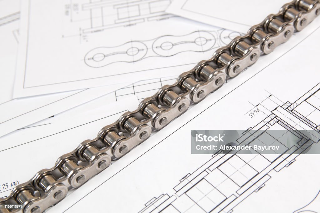 Engineers Chain Drawing Driving Roller Chain And Technical Engineering Drawings Mechanical ...