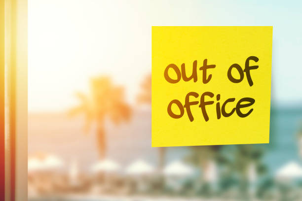 Taking a break from work Out of office concept Out of office sticky note paper on the hotel window vacation concept after work photos stock pictures, royalty-free photos & images